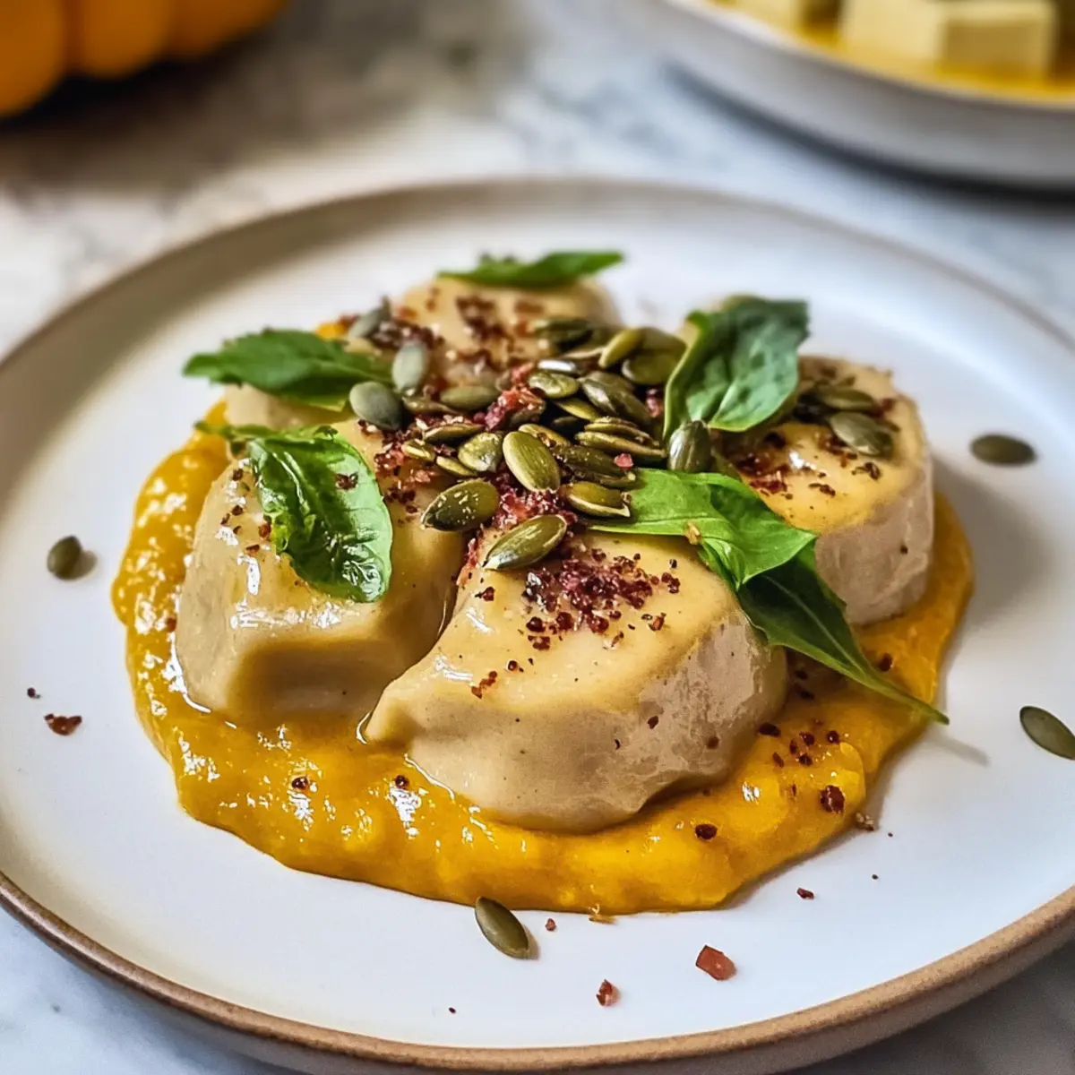 Vegane KA¼rbisknA¶del auf Miso Tofu Creme genieAen dlv7zp